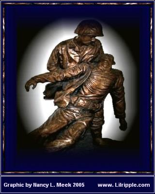 National Naval Medical Center, Bethesda, Md., (Aug. 19, 2003) -- The bronze colored statue, depicting the bond between Navy hospital corpsmen and U.S. Marines, stands in the main lobby at the National Naval Medical Center in Bethesda, Maryland. Graphic designed by Nancy L. Meek, using a U.S. Navy photo by Chief Warrant Officer Seth Rossman.