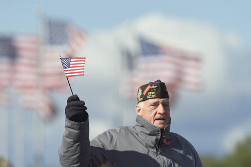 A retired United States Marine waves a flag at a 'Support Our Troops' rally in Liberty Park, N.J. USAF photo by Scott H. Spitzer